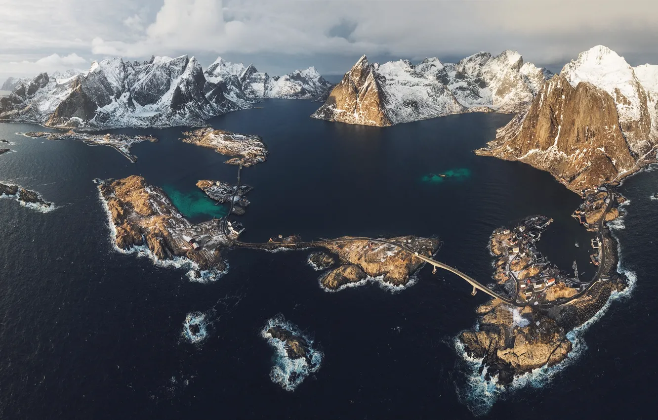 Photo wallpaper winter, sea, snow, mountains, rocks, the fjord, The Lofoten Islands