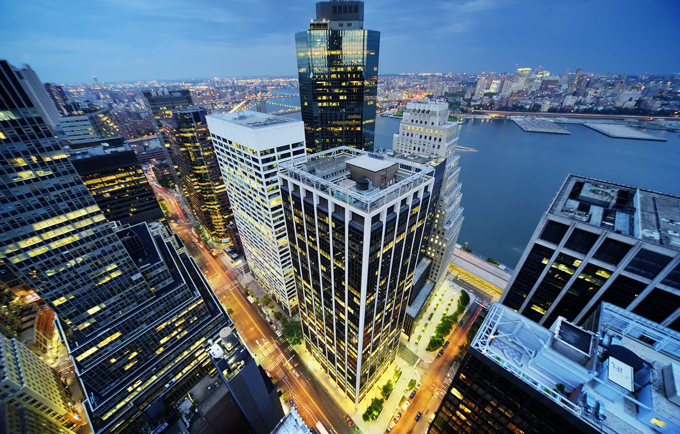 Photo wallpaper building, New York, night city, Manhattan, skyscrapers, Manhattan, New York City