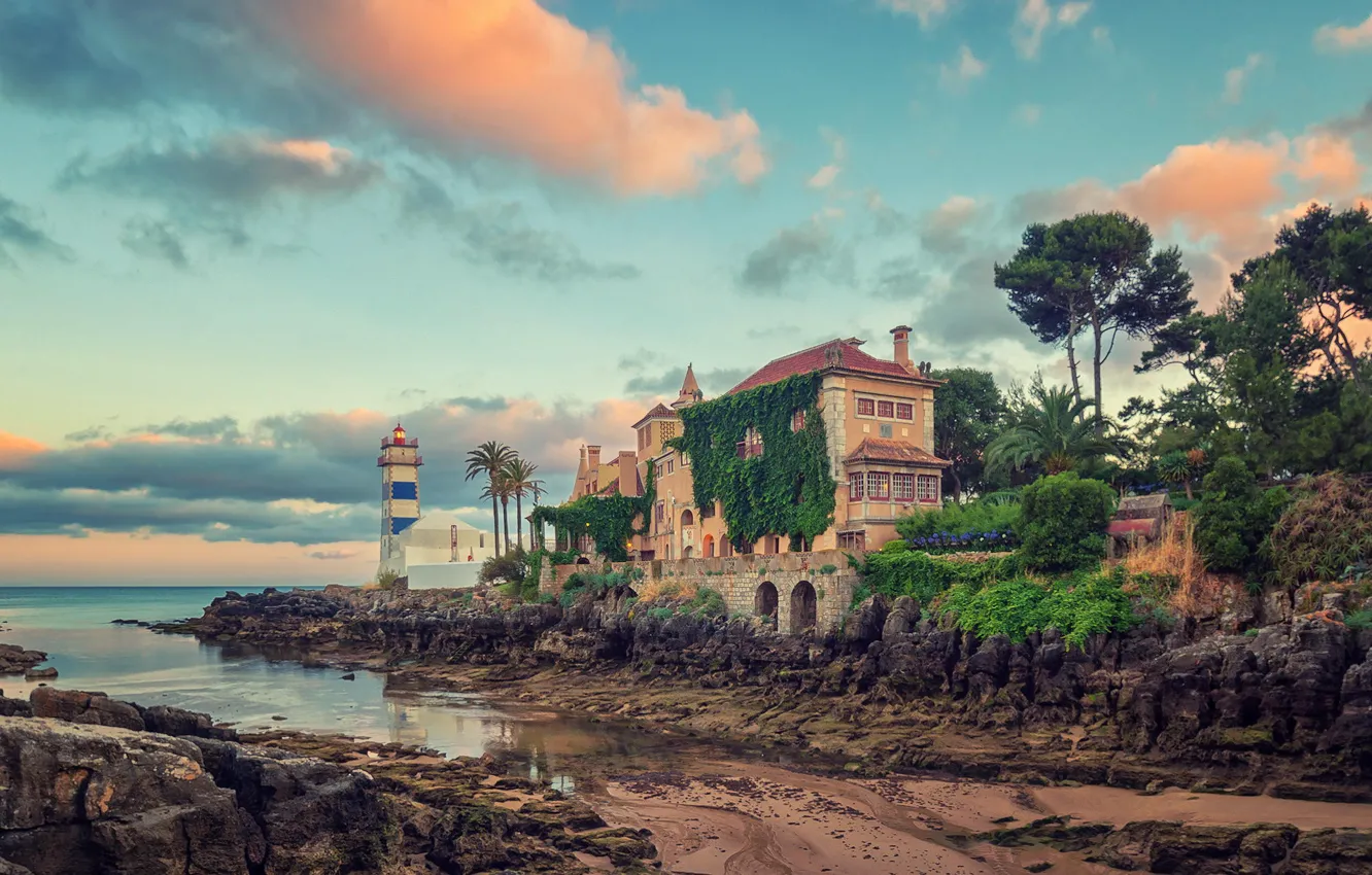 Photo wallpaper beach, landscape, stones, the ocean, Villa, lighthouse