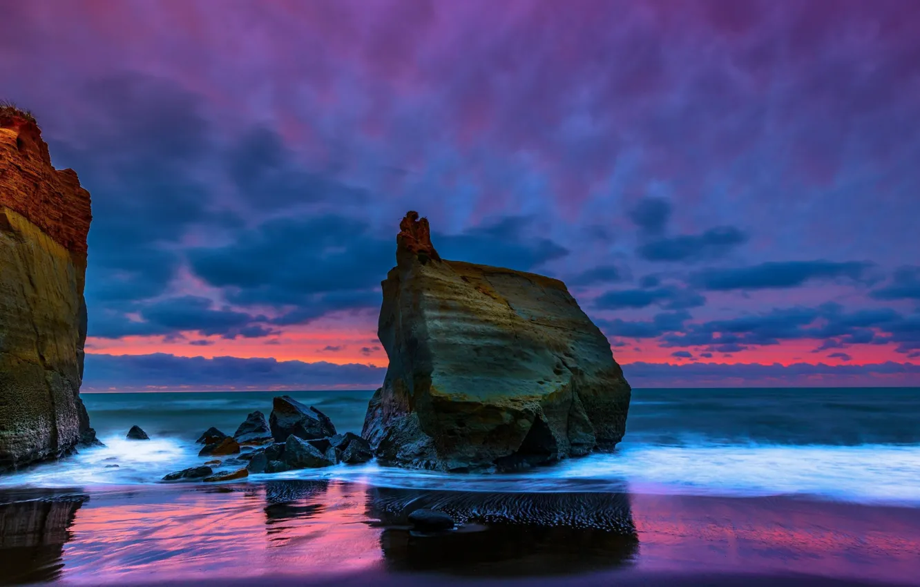 Photo wallpaper sea, the sky, clouds, landscape, stones, rocks, paint, glow