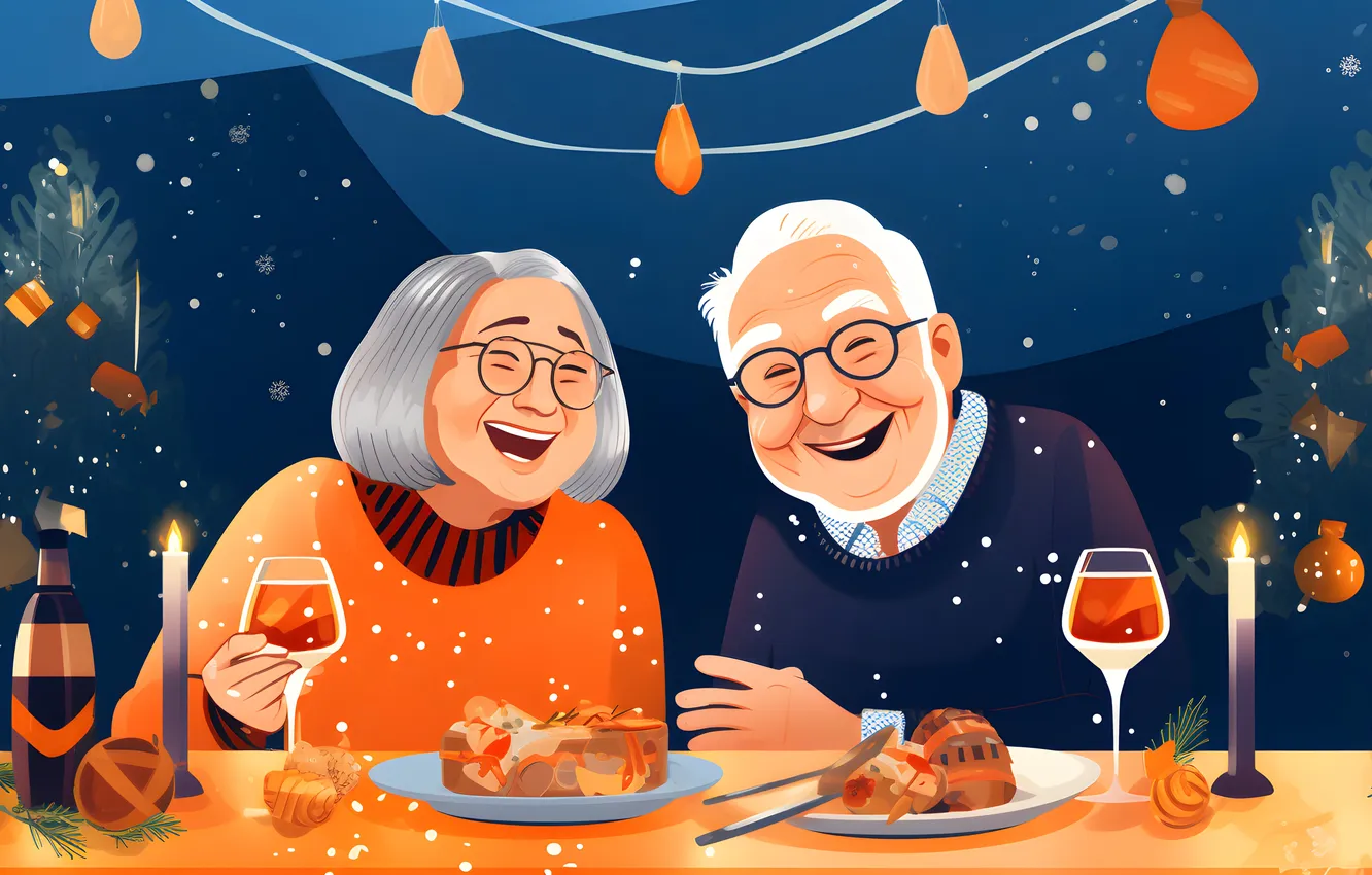 Photo wallpaper smile, table, glass, tree, new year, grandma, candles, Christmas