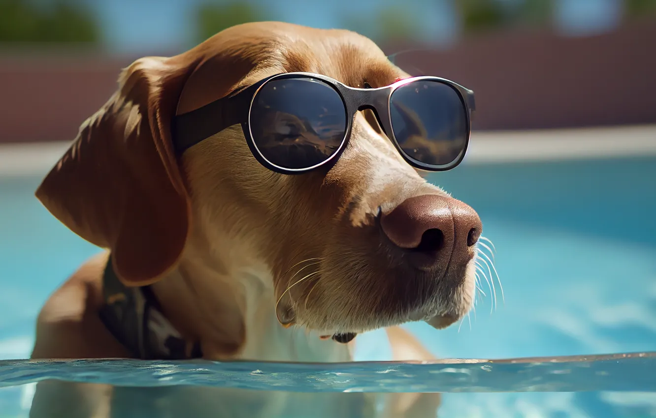 Photo wallpaper look, face, water, dog, Retriever, digital art, sunglasses, AI art