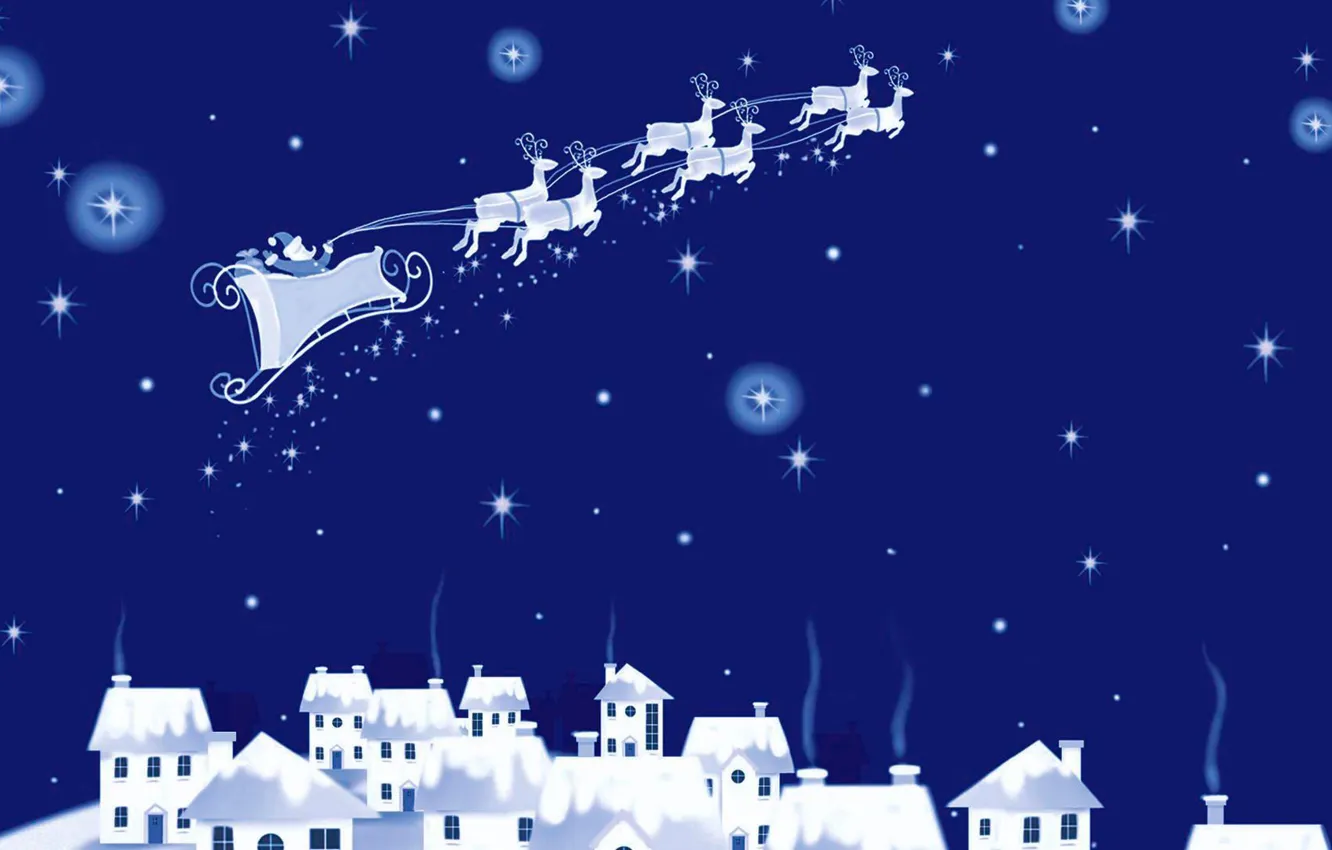 Photo wallpaper winter, deer, Christmas, house, sleigh, Santa Claus, postcard