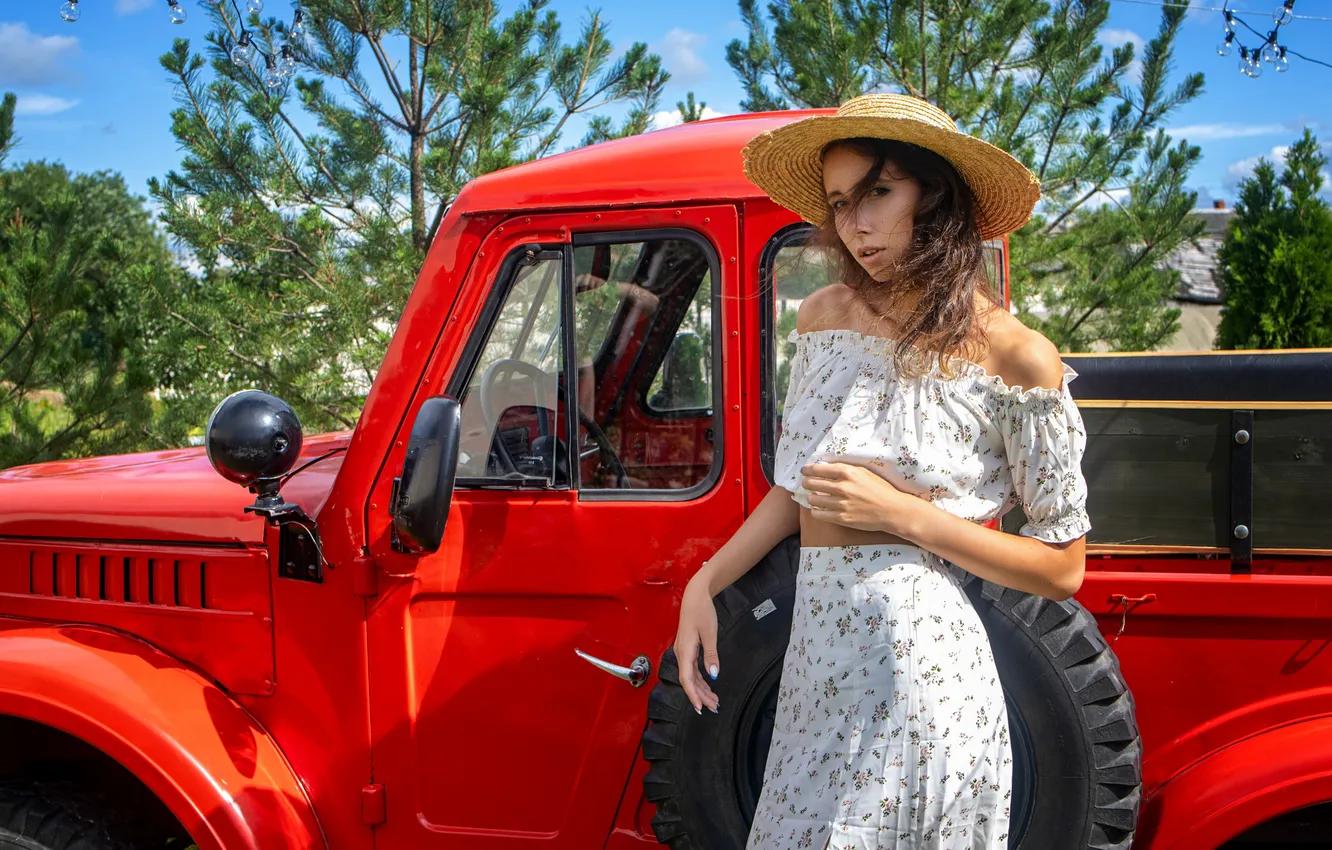 Photo wallpaper machine, auto, girl, pose, hat, Slavio Stepanov, Anastasia Grin, Anastasia Grinenko