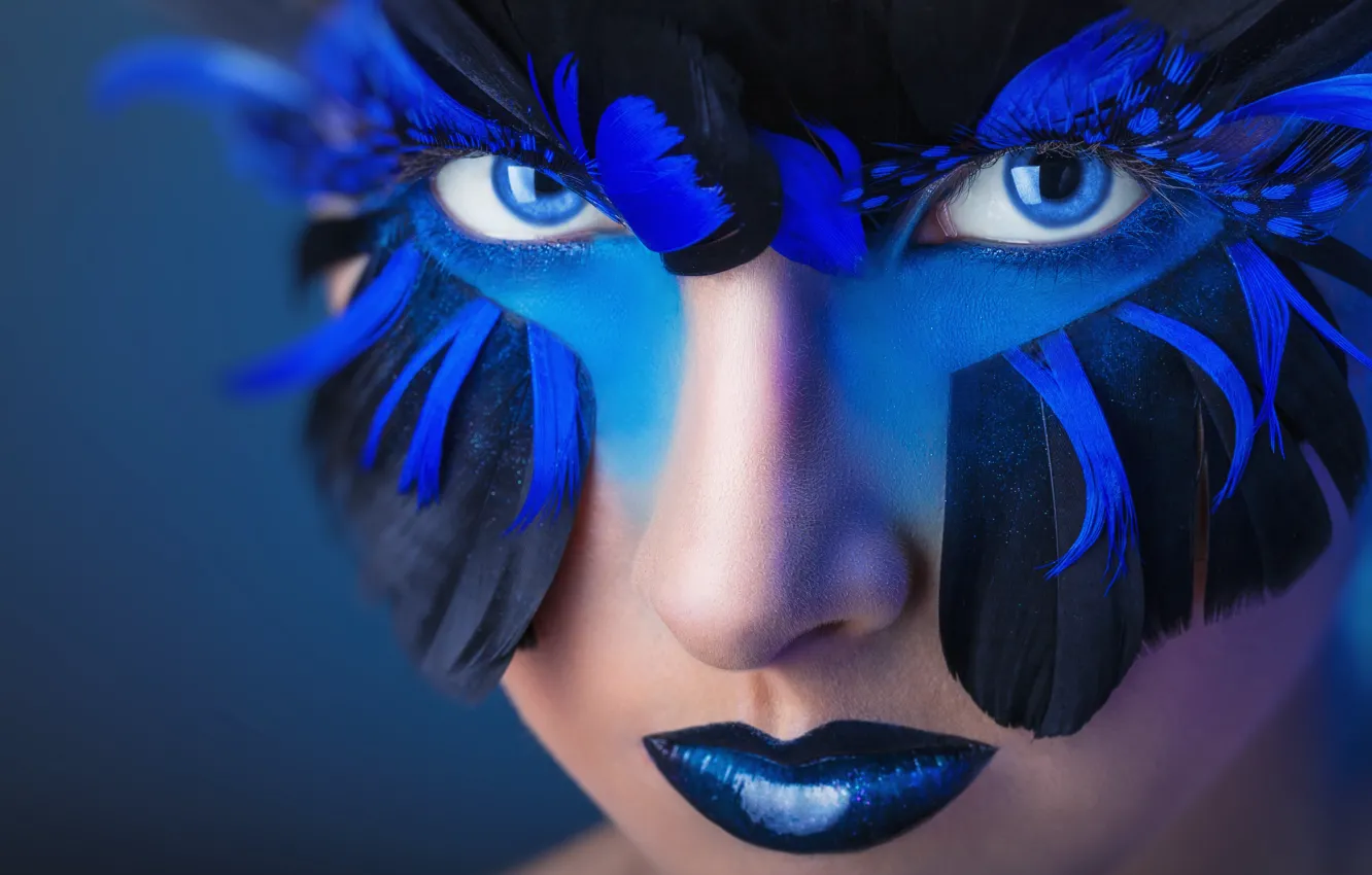 Photo wallpaper look, girl, style, feathers, makeup, blue eyes