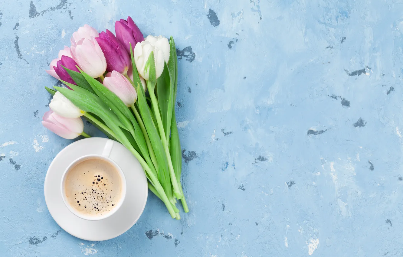 Photo wallpaper flowers, bouquet, tulips, pink, flowers, background, tulips, coffee cup