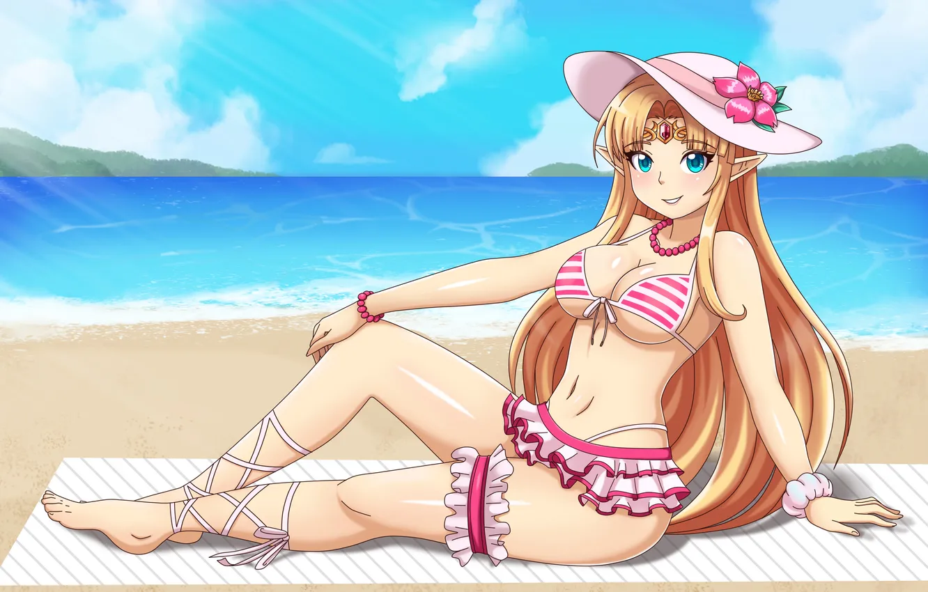 Photo wallpaper girl, sexy, cleavage, beach, flower, green eyes, long hair, legs