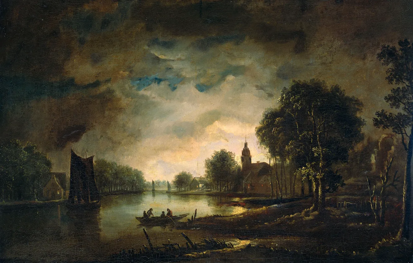 Photo wallpaper oil, picture, canvas, Art van der NEER, A view of the River in the Moonlight, …