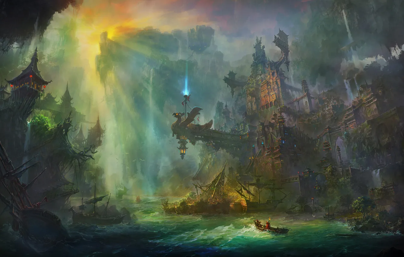 Photo wallpaper light, rocks, boat, lighthouse, ship, art, gorge, Palace