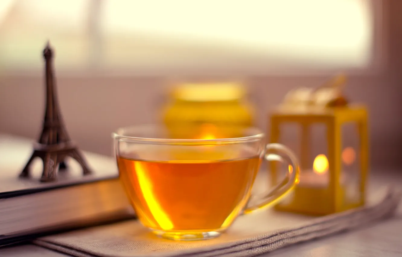 Photo wallpaper light, tea, candles, Cup, book, figurine, Eiffel tower, La tour Eiffel