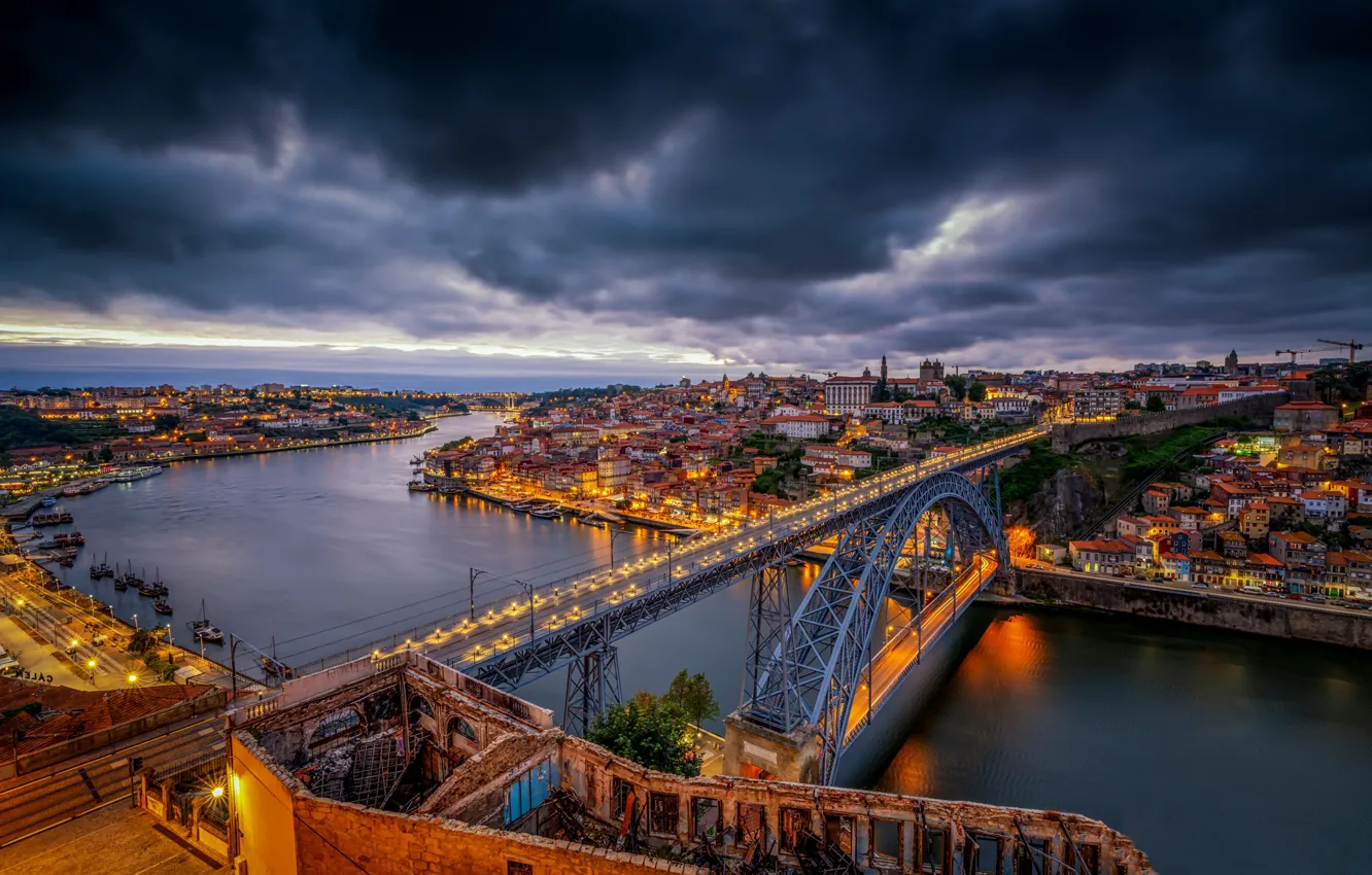 Photo wallpaper bridge, river, Portugal, night city, Portugal, Vila Nova de Gaia, Porto, Port