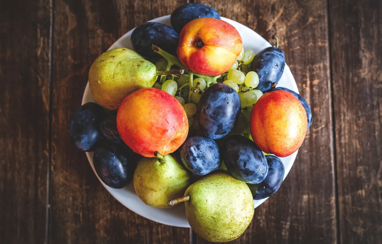 Photo wallpaper background, Board, plate, grapes, fruit, plum, pear, nectarine