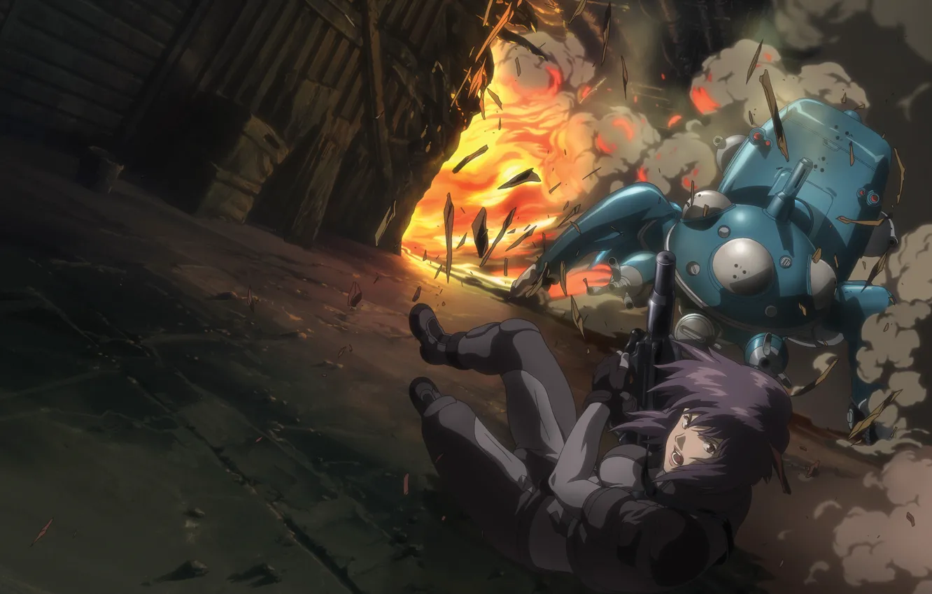 Photo wallpaper girl, the explosion, weapons, fire, smoke, robot, machine, Ghost in the Shell