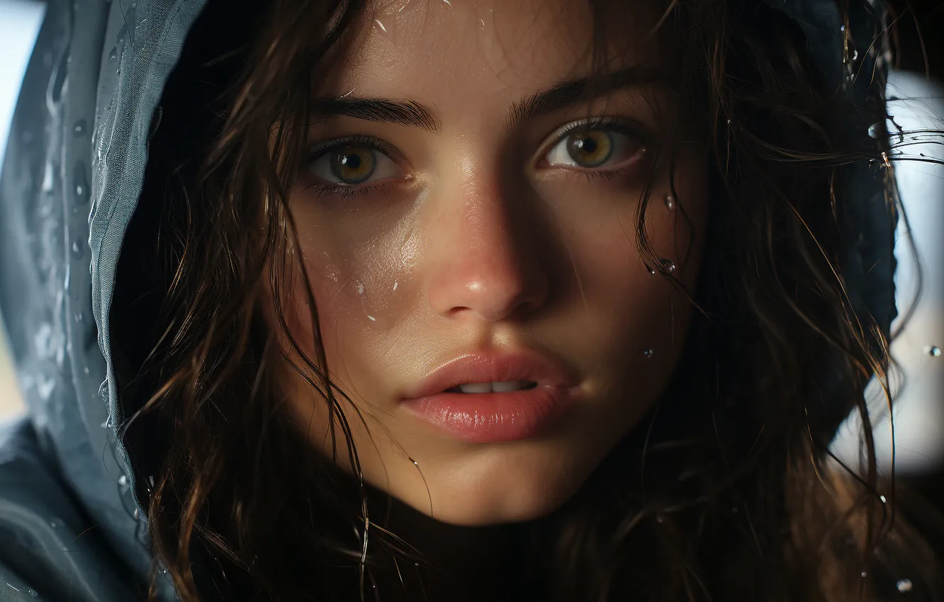 Photo wallpaper look, girl, drops, face, rain, portrait, hood, brown hair