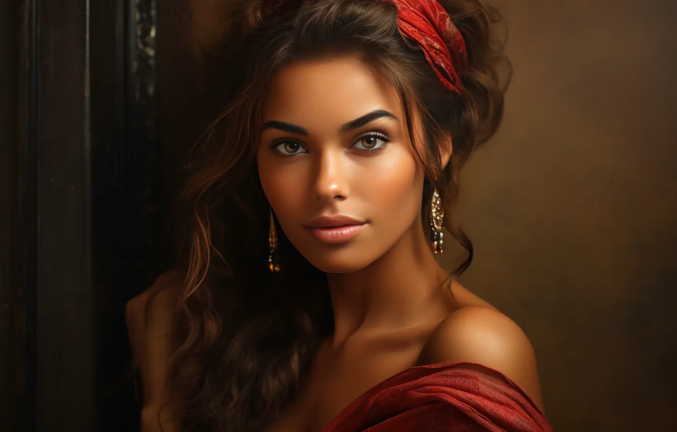 Photo wallpaper look, girl, face, the dark background, portrait, makeup, outfit, dark