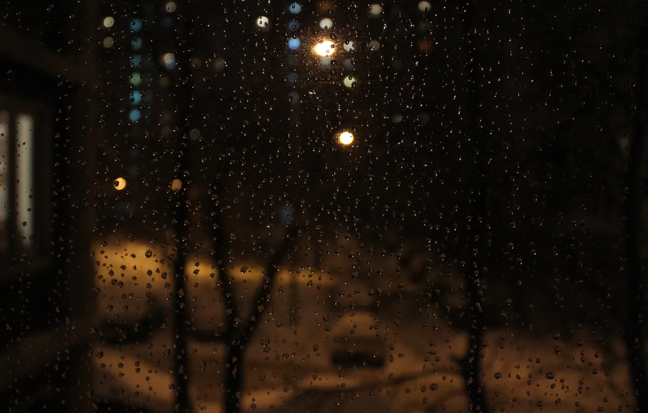 Photo wallpaper drops, light, snow, rain, window