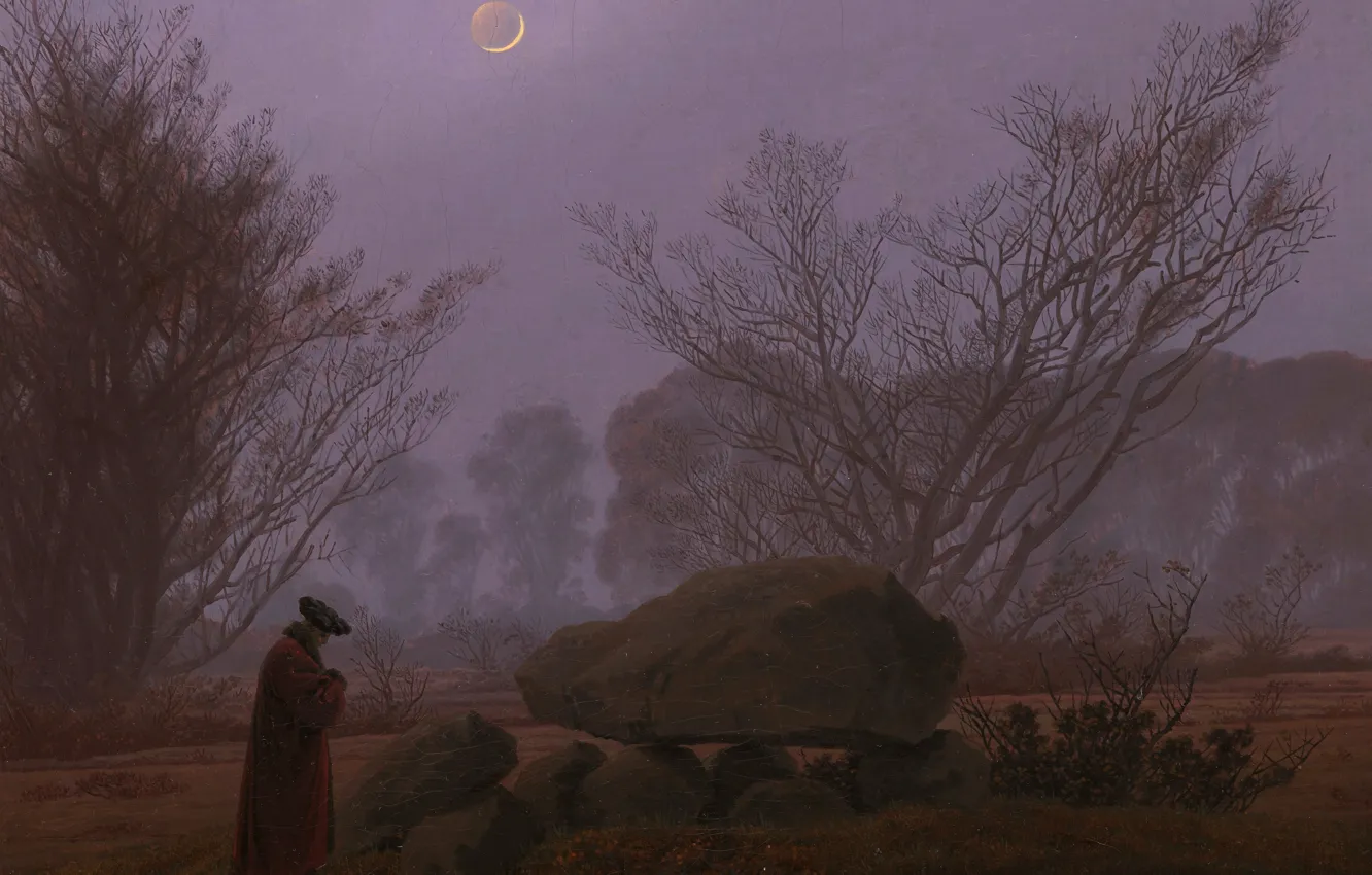 Photo wallpaper landscape, stone, picture, The moon, Caspar David Friedrich, A walk in the Twilight