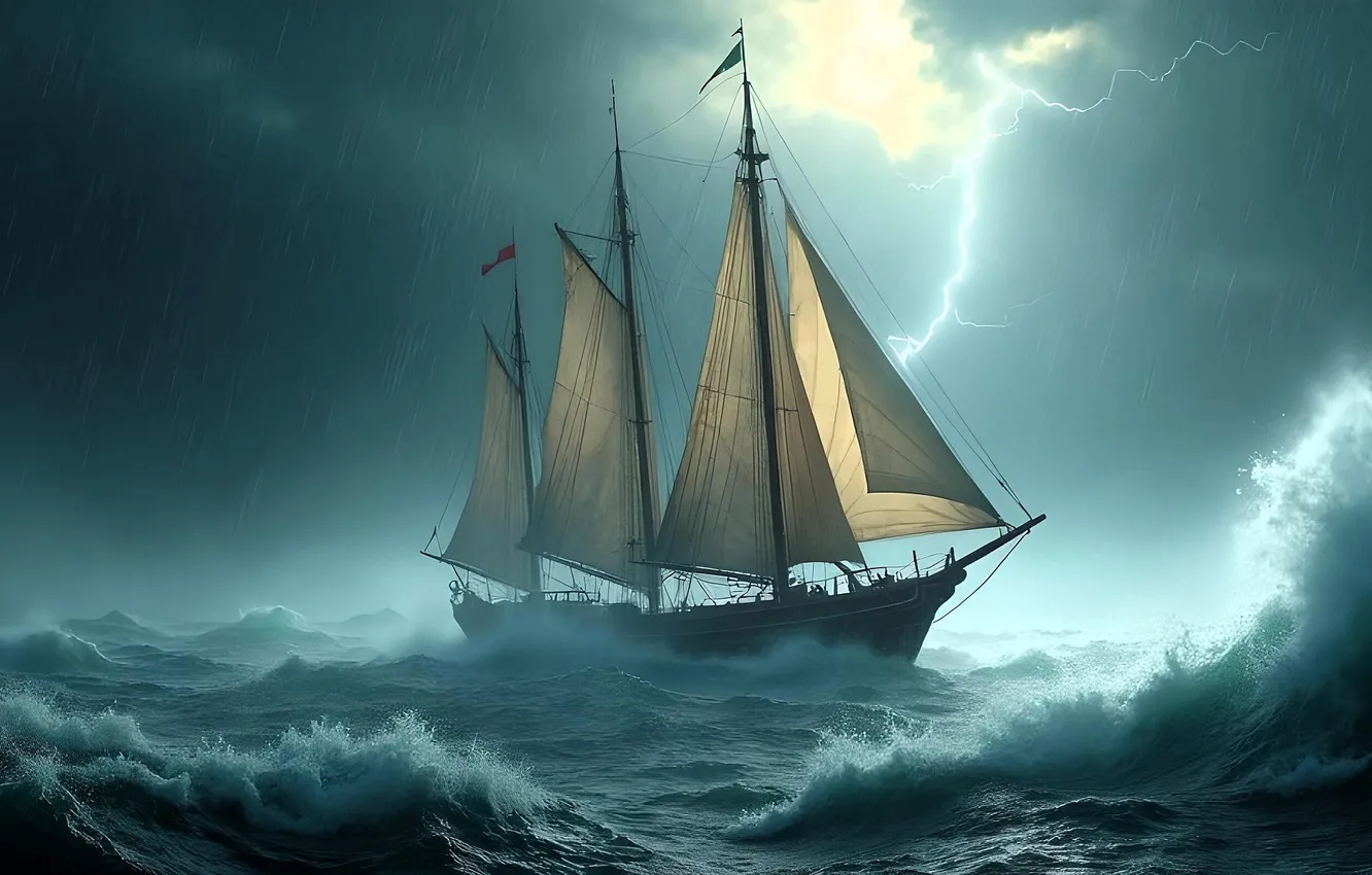 Photo wallpaper sea, wave, clouds, storm, lightning, ship, sailboat