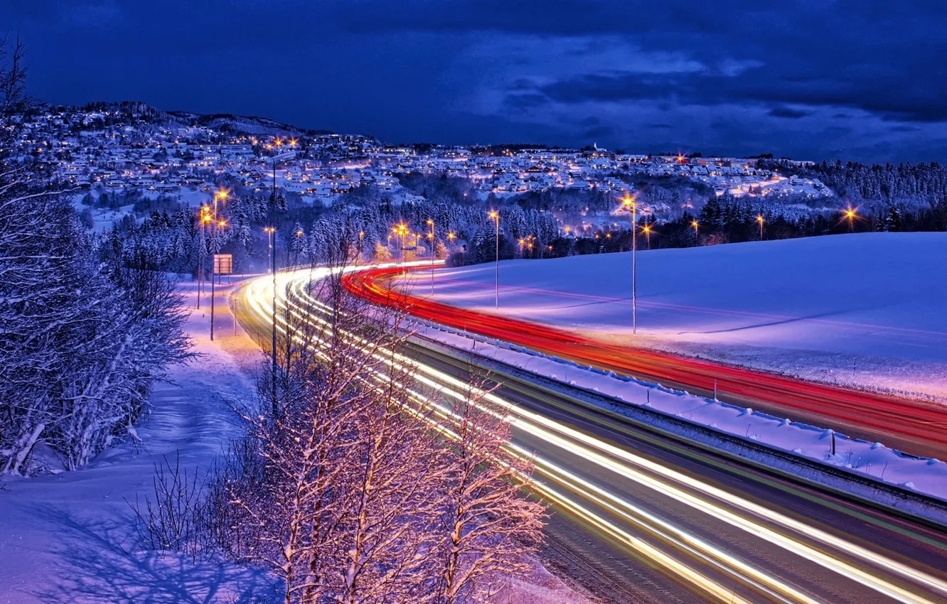 Photo wallpaper winter, road, lights, excerpt, Norway, lights, Winter, Norway