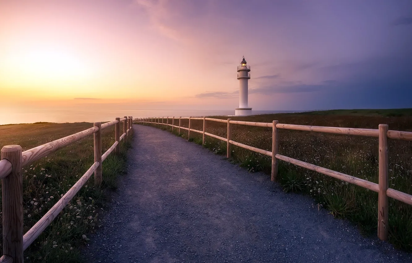 Photo wallpaper road, sea, sunset, lighthouse