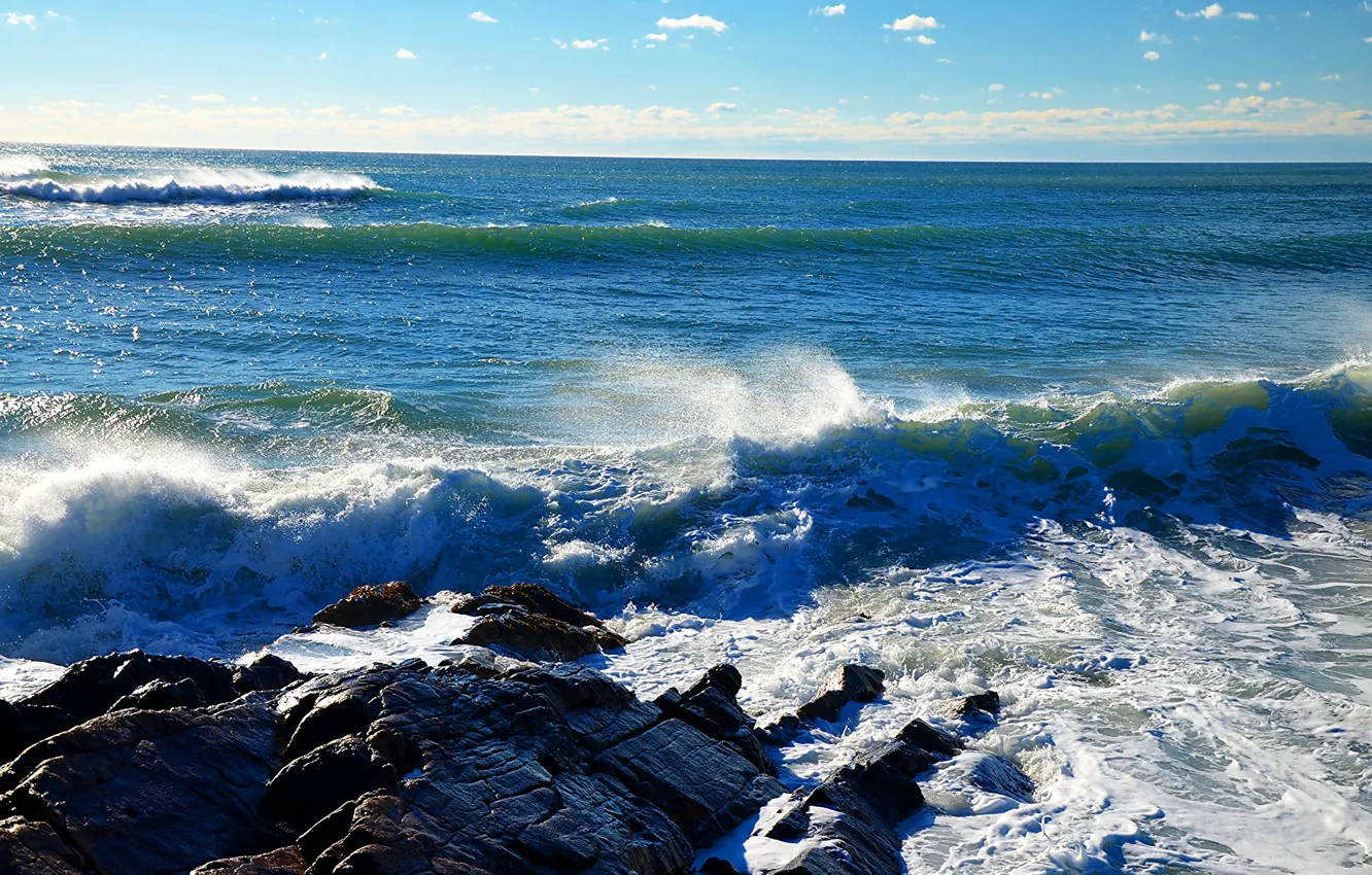 Photo wallpaper sea, wave, the sky, stones, surf