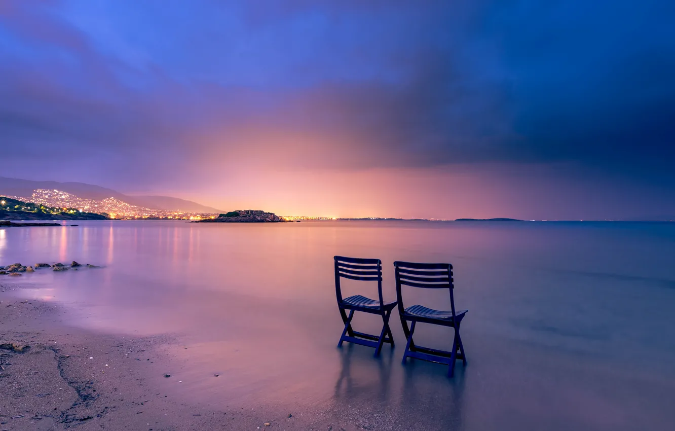 Photo wallpaper sand, sea, beach, the sky, sunset, mountains, the city, lights