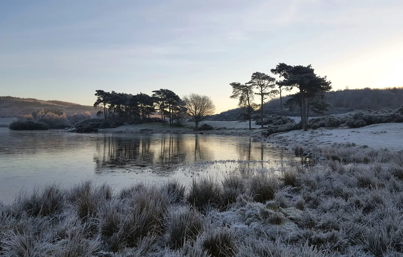 Photo wallpaper frost, lake, morning