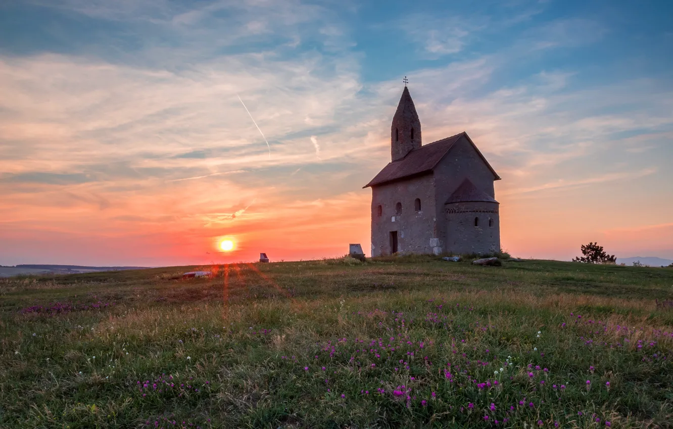 Photo wallpaper field, sunset, castle, Church, chapel