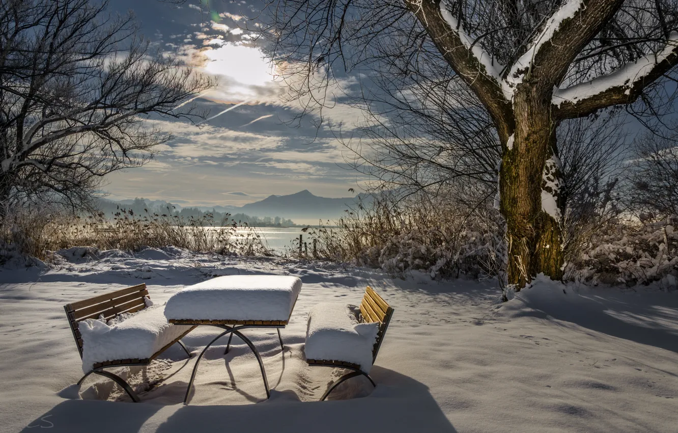 Photo wallpaper winter, snow, table