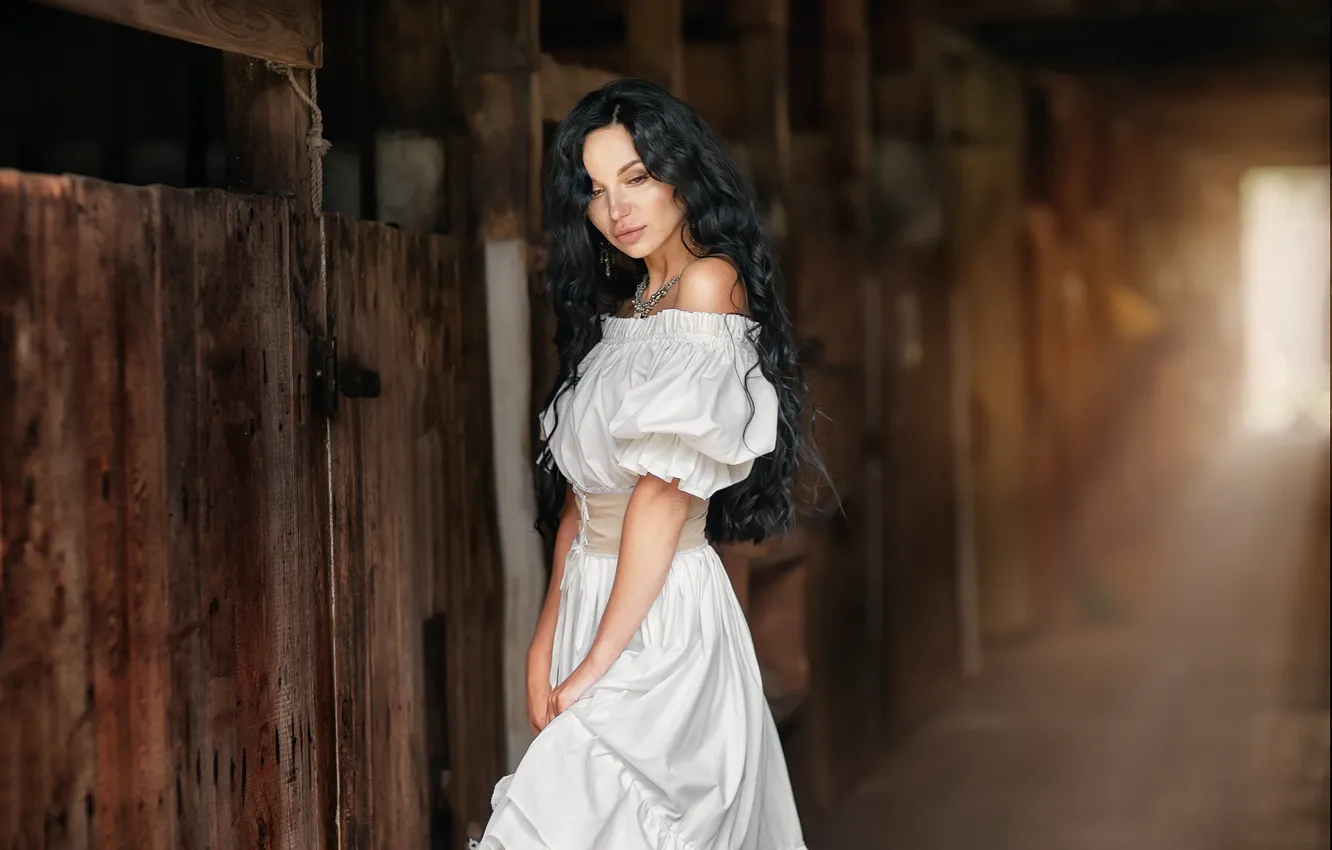 Photo wallpaper girl, light, dress, brunette, shoulders, curls, stable, Anastasia Barmina