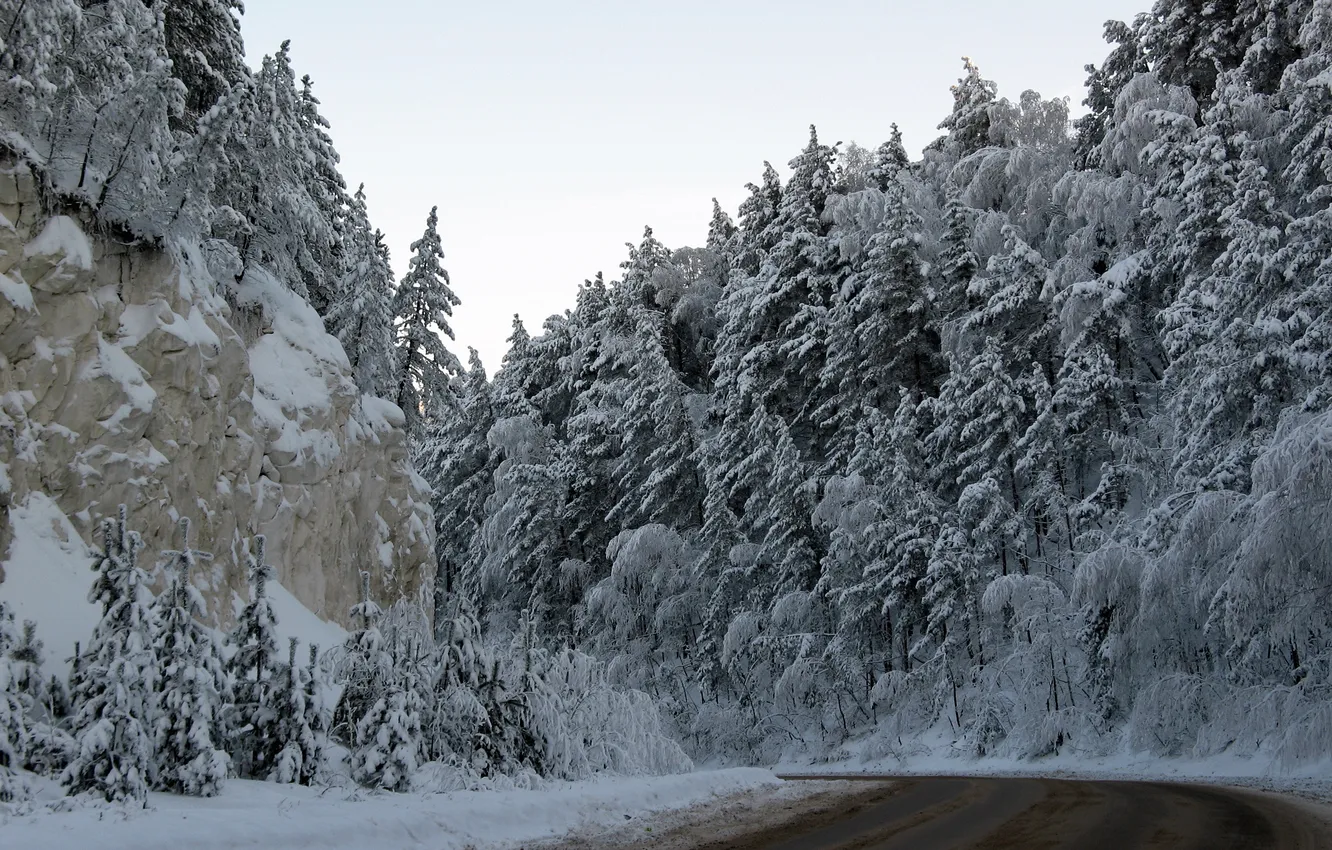 Photo wallpaper winter, road, trees, mountains