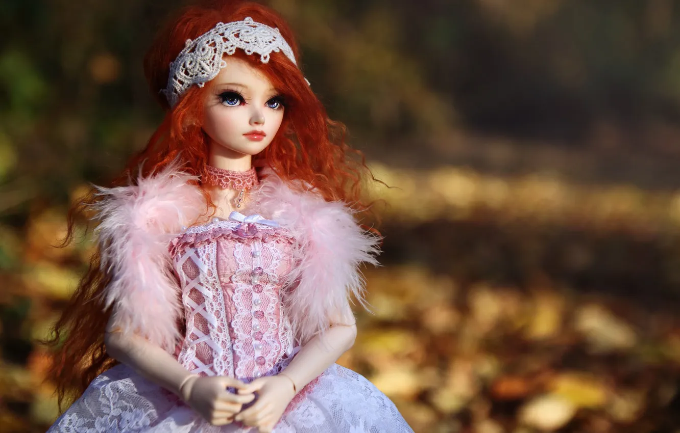 Photo wallpaper nature, toy, doll, blur, red, sitting, long hair