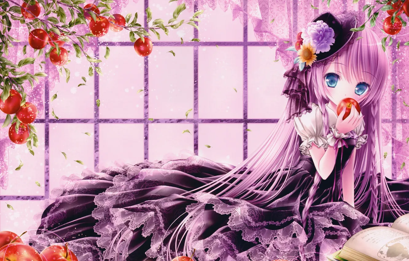 Photo wallpaper girl, branches, apples, window, curtains, book, reading, lolita fashion