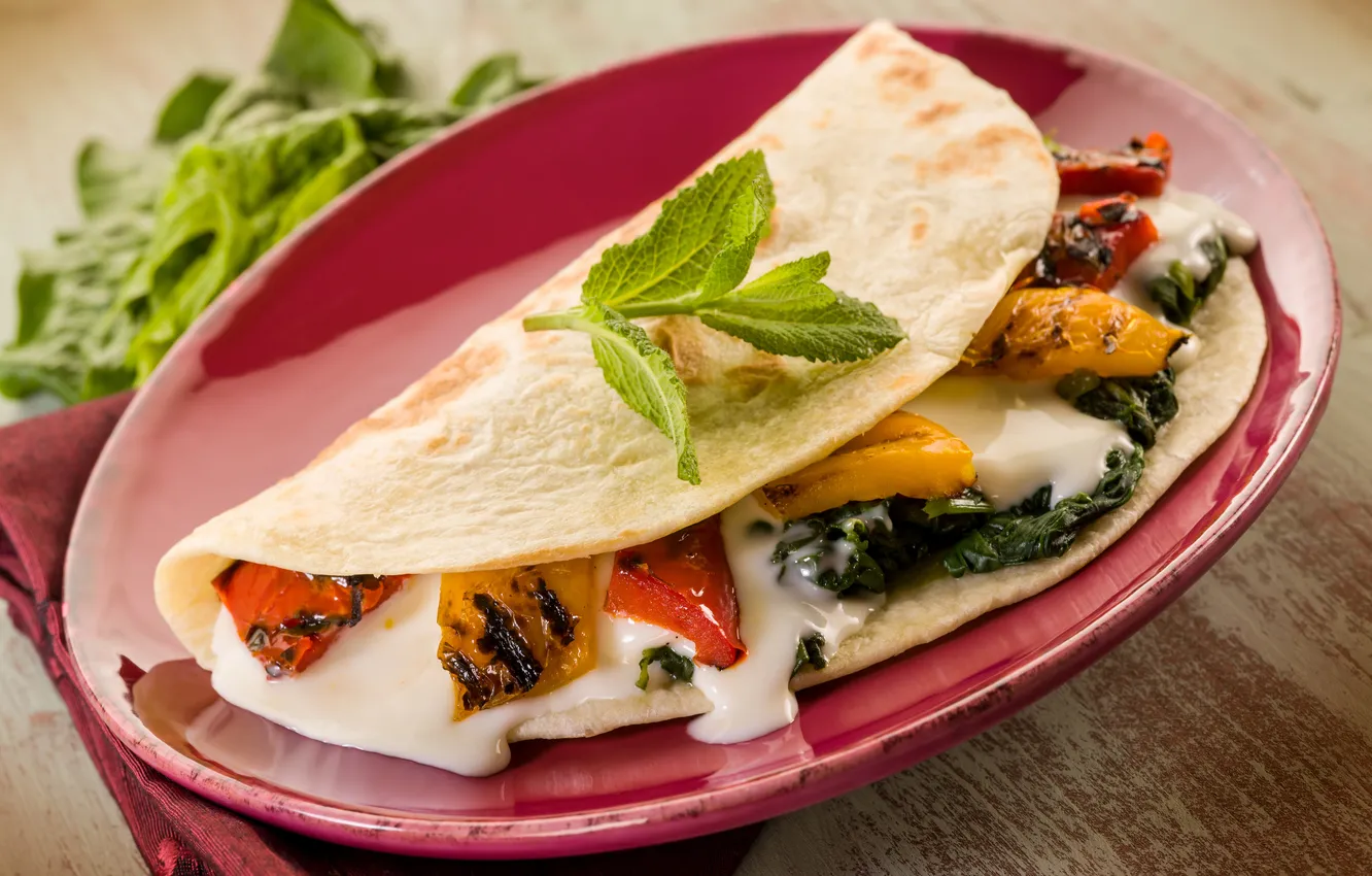 Photo wallpaper greens, plate, sauce, Tacos