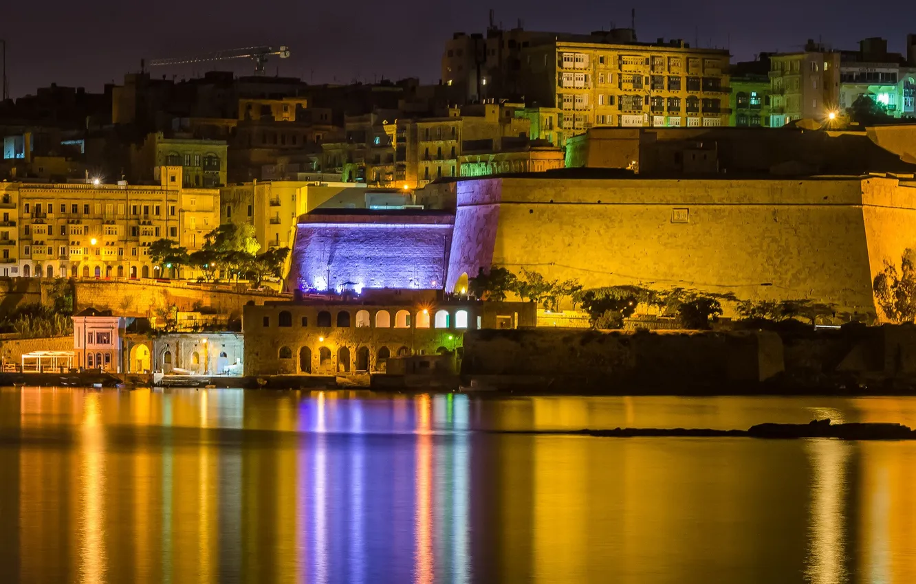 Photo wallpaper sea, night, lights, wall, home, Malta, Valletta