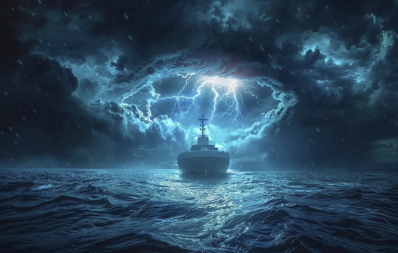 Photo wallpaper Sea, Lightning, Ship, Clouds, Digital art, AI art, The Art of Artificial Intelligence, Neural network