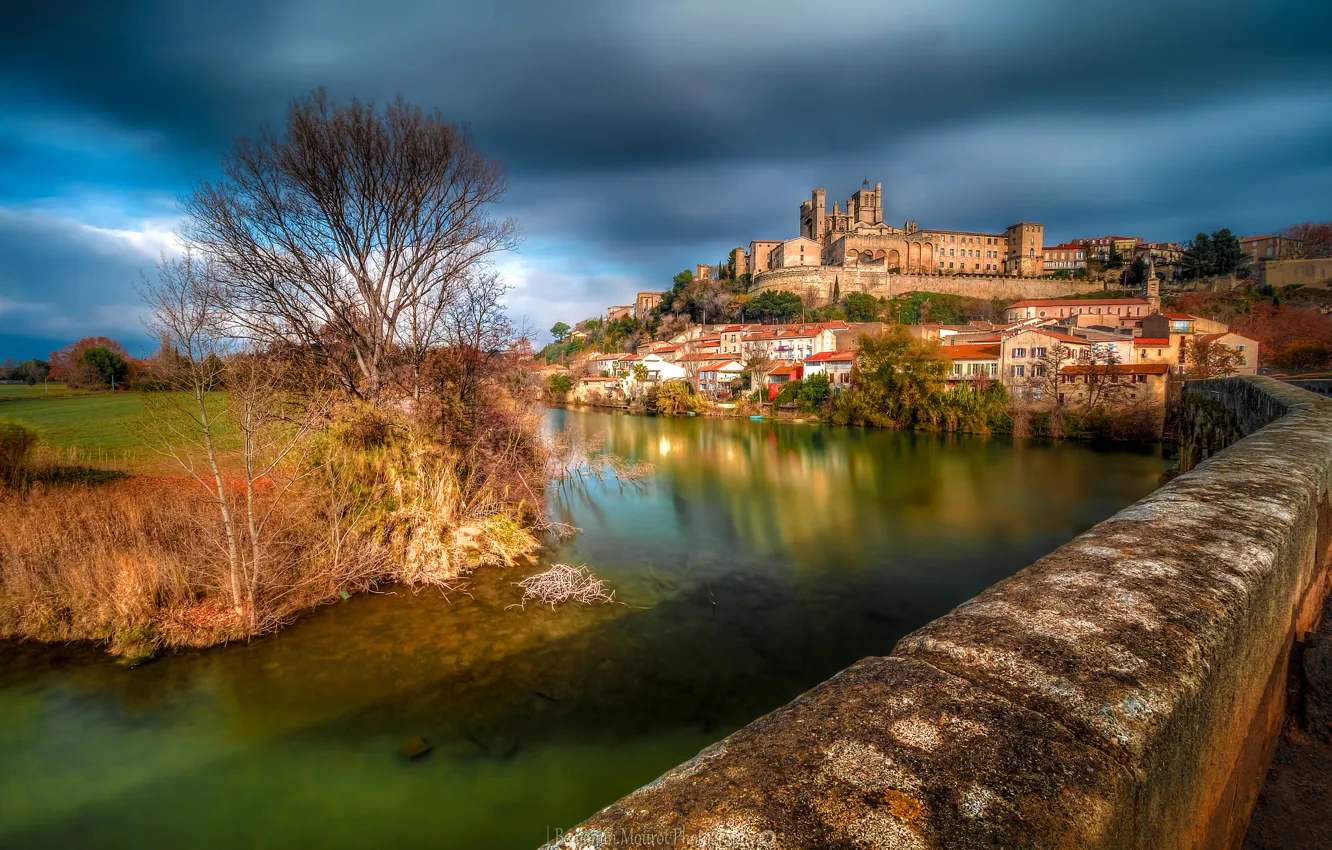 Photo wallpaper landscape, bridge, river, hills, France, home, the Cathedral of Saint-Nazaire, Beziers