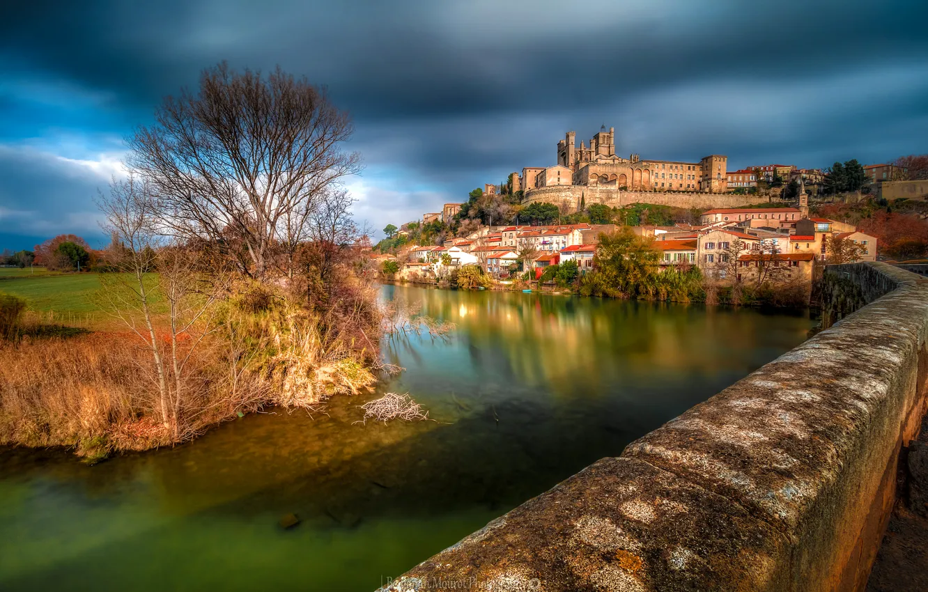 Photo wallpaper landscape, bridge, river, France, home, hill, the Cathedral of Saint-Nazaire, Beziers