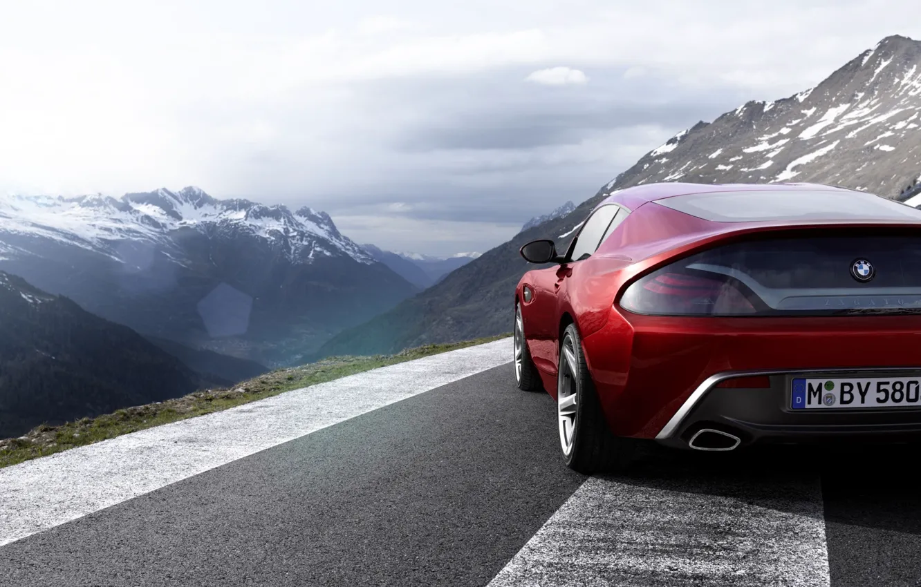 Photo wallpaper the sky, mountains, red, coupe, BMW, BMW, rear view, Coupe