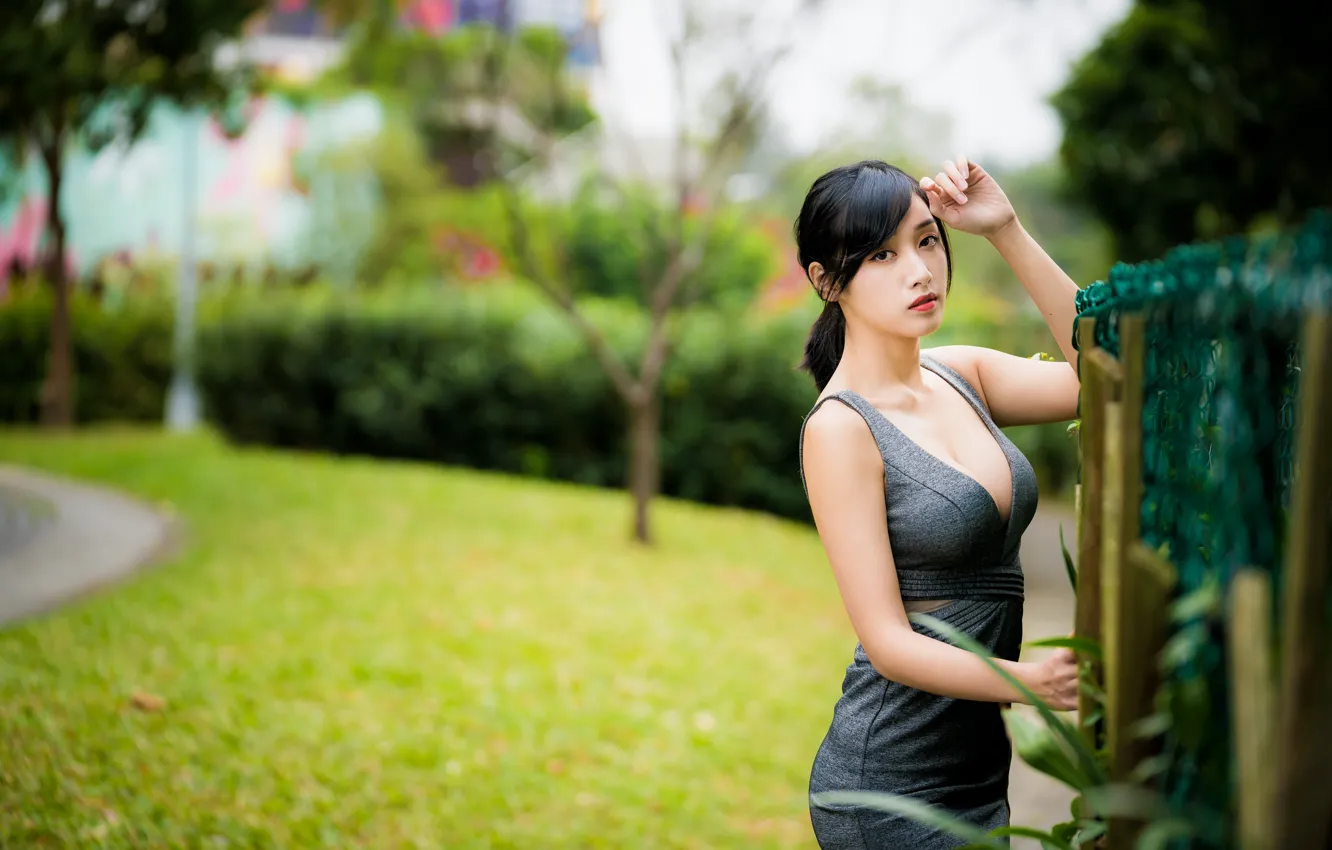 Photo wallpaper sexy, pose, dress, neckline, Asian, neckline, bokeh