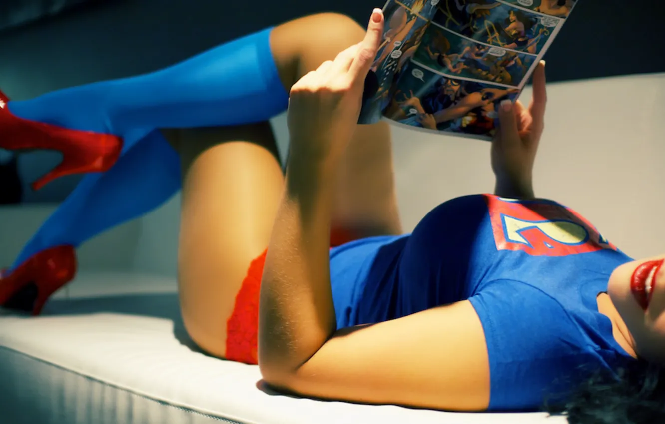 Photo wallpaper girl, panties, lies, beautiful, Superman, reads