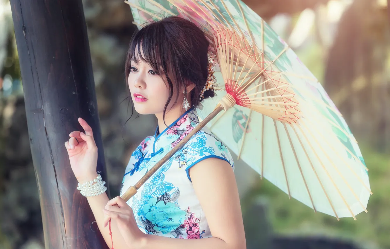 Photo wallpaper girl, face, style, umbrella, dress, cutie