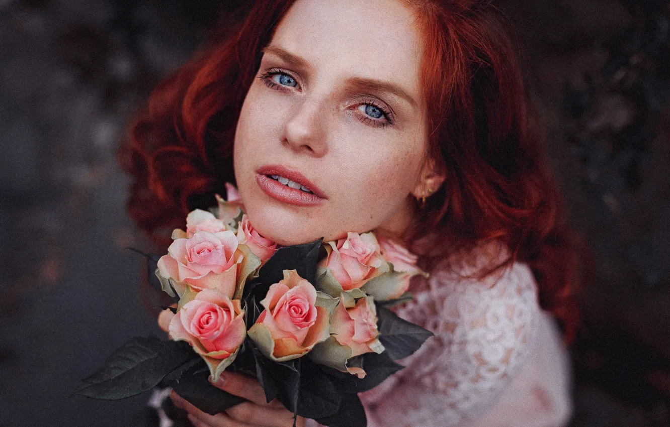 Photo wallpaper look, girl, flowers, mood, roses, red, redhead