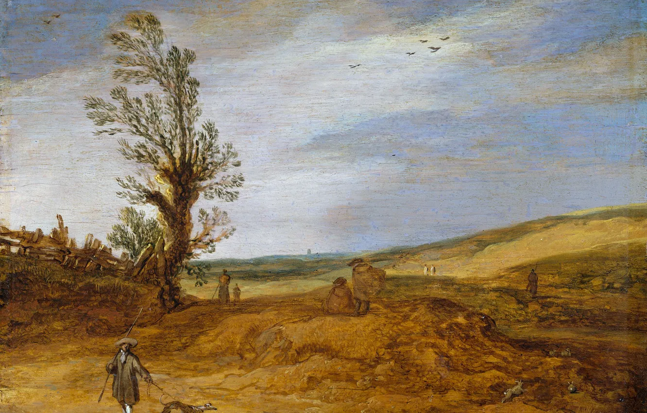 Photo wallpaper landscape, tree, oil, picture, Dunes, Esaias van de Velde
