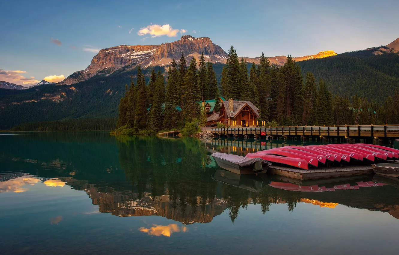 Photo wallpaper forest, the sky, light, mountains, bridge, lights, lake, reflection