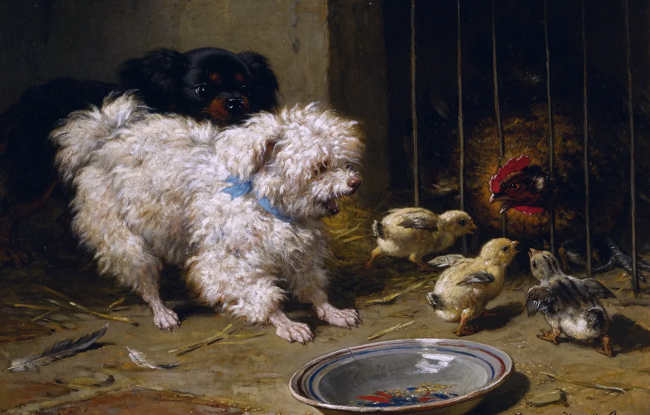 Photo wallpaper chickens, dog, picture, chicken, Henrietta Ronner-Knipe, Henriette Ronner-Knip, The Belgian artist, Spaniel with a chicken …