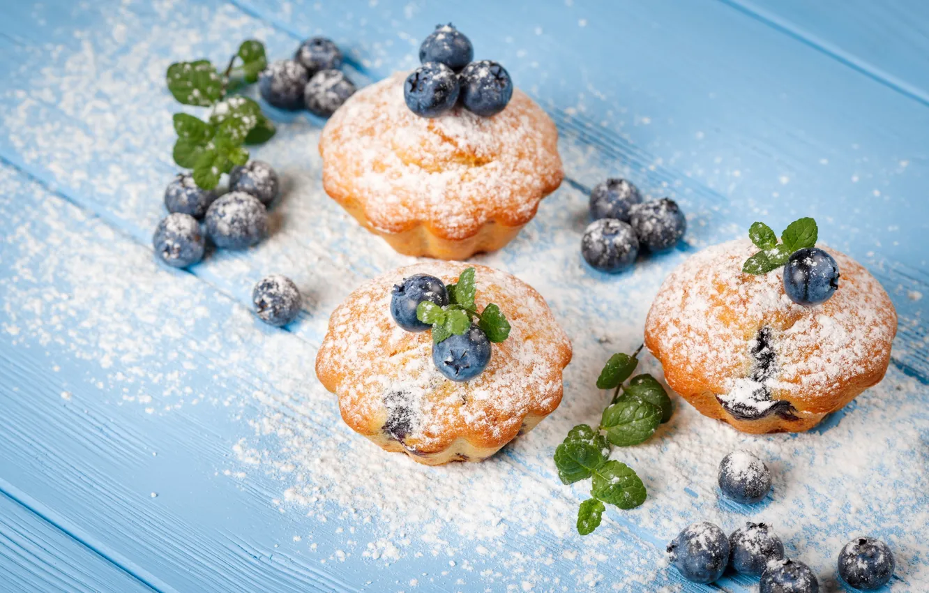 Photo wallpaper berries, blueberries, cakes, cupcakes, powdered sugar