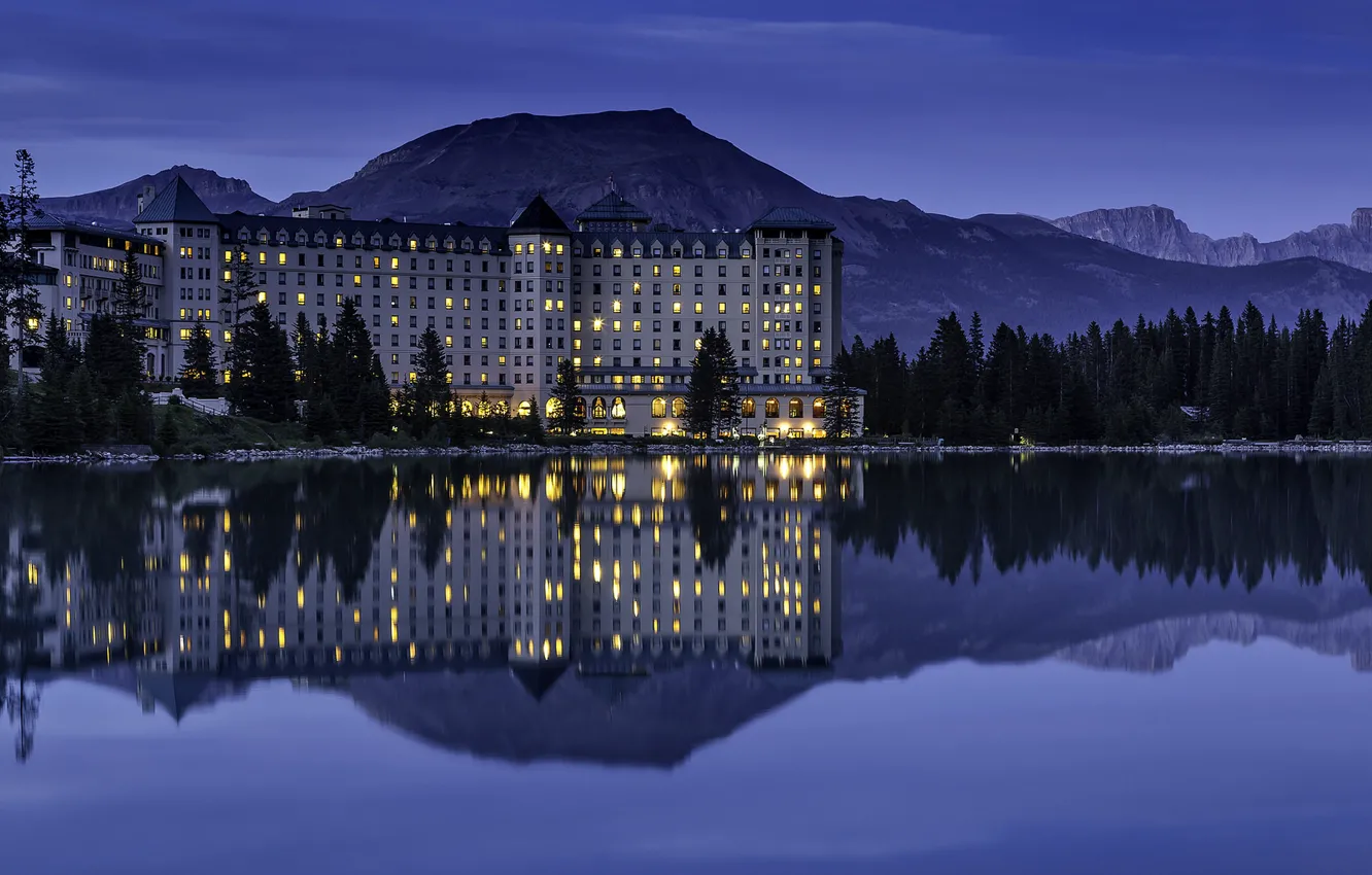 Photo wallpaper mountains, lake, reflection, the evening, lighting, Canada, Albert, the hotel
