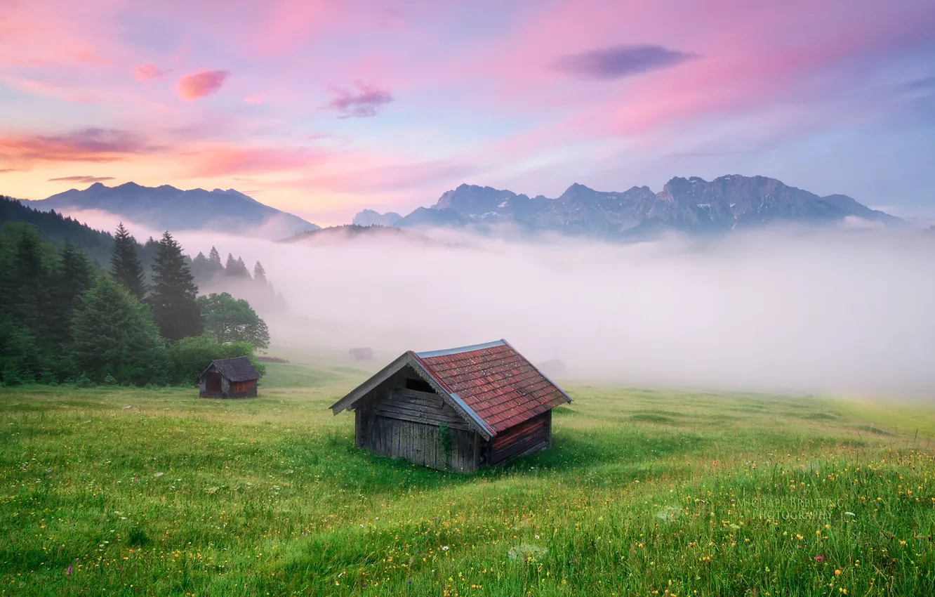 Photo wallpaper fog, the evening, Germany, Alps, house, Michael Breitung, Bovary