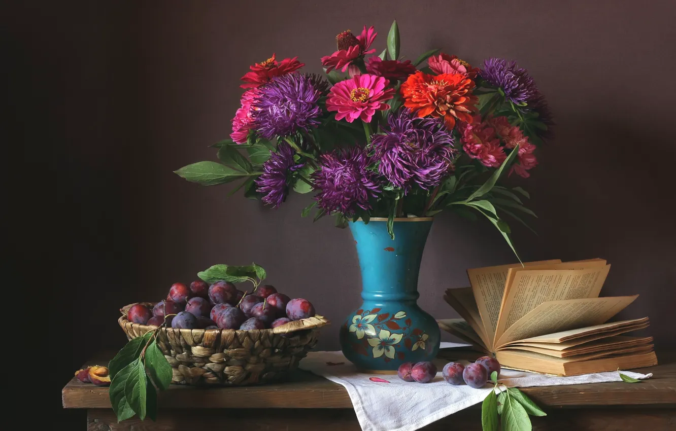 Photo wallpaper flowers, bouquet, book, still life, plum, zinnia